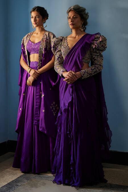 Shop Mrunalini Rao Purple Silk Embroidery, Cut Work Sweetheart Neck Paisley Cape Lehenga Set Online at Aza Fashions Shop_Mrunalini Rao_Purple Silk Embroidery, Cut Work Sweetheart Neck Paisley Cape Lehenga Set _Online_at_Aza_Fashions