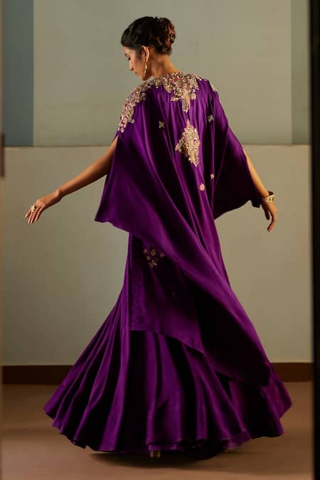 Mrunalini Rao Purple Silk Embroidery, Cut Work Sweetheart Neck Paisley Cape Lehenga Set at Aza Fashions Mrunalini Rao_Purple Silk Embroidery, Cut Work Sweetheart Neck Paisley Cape Lehenga Set _at_Aza_Fashions