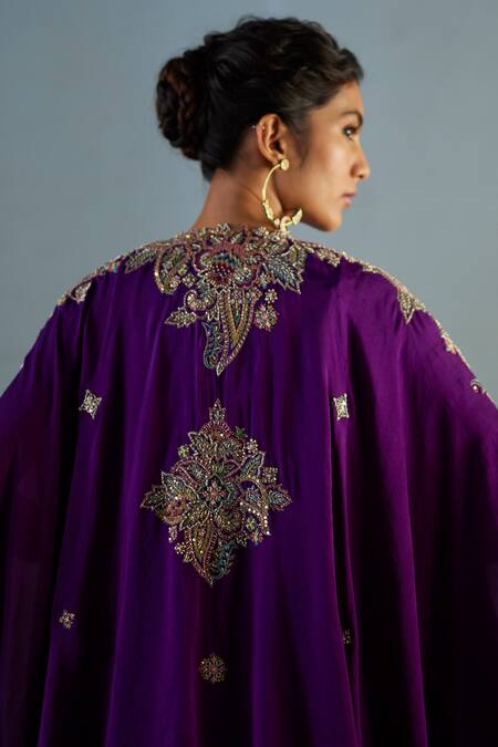 Buy Mrunalini Rao Purple Silk Embroidery, Cut Work Sweetheart Neck Paisley Cape Lehenga Set Buy_Mrunalini Rao_Purple Silk Embroidery, Cut Work Sweetheart Neck Paisley Cape Lehenga Set