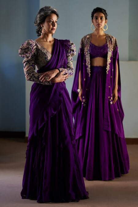 Shop Mrunalini Rao Purple Silk Embroidery, Cut Work Sweetheart Neck Paisley Cape Lehenga Set Shop_Mrunalini Rao_Purple Silk Embroidery, Cut Work Sweetheart Neck Paisley Cape Lehenga Set