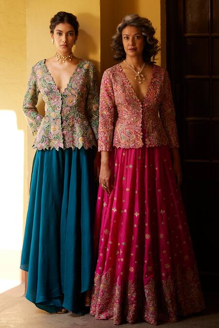 Buy_Mrunalini Rao_Pink Silk Embroidery, Zari V-neck Zardozi Jacket Lehenga Set _Online_at_Aza_Fashions