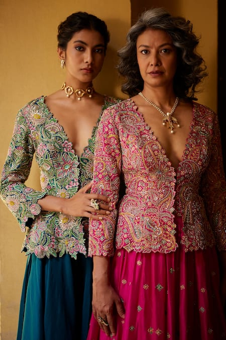 Shop Mrunalini Rao Blue Silk Embroidery, Zari V-neck Peplum Jacket Flared Pant Set Online at Aza Fashions Shop_Mrunalini Rao_Blue Silk Embroidery, Zari V-neck Peplum Jacket Flared Pant Set _Online_at_Aza_Fashions