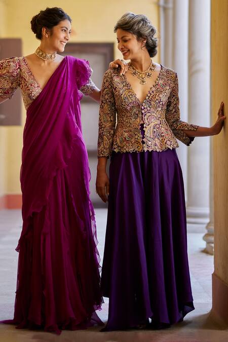 Buy_Mrunalini Rao_Purple Jacket Raw Silk Embroidered Resham V Neck Paisley And Flared Pant _Online_at_Aza_Fashions