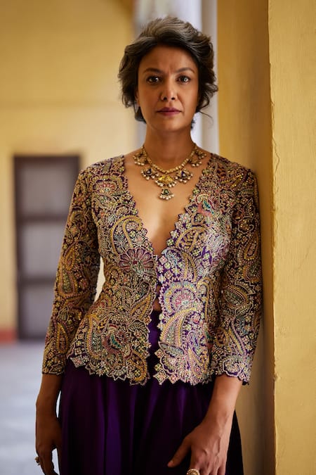 Shop_Mrunalini Rao_Purple Jacket Raw Silk Embroidered Resham V Neck Paisley And Flared Pant _Online_at_Aza_Fashions