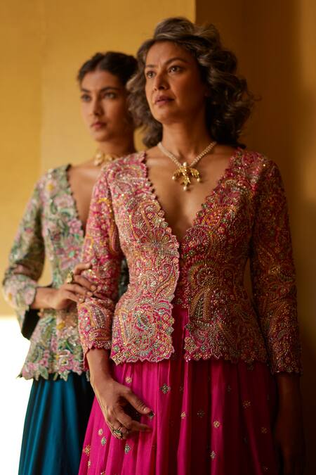 Shop_Mrunalini Rao_Pink Silk Embroidery, Zari V-neck Zardozi Jacket Lehenga Set _Online_at_Aza_Fashions
