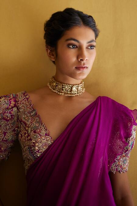 Shop Mrunalini Rao Magenta Chiffon, Silk Zari, Embroidery V-neck Ruffle Saree With Floral Blouse Online at Aza Fashions Shop_Mrunalini Rao_Magenta Chiffon, Silk Zari, Embroidery V-neck Ruffle Saree With Floral Blouse _Online_at_Aza_Fashions