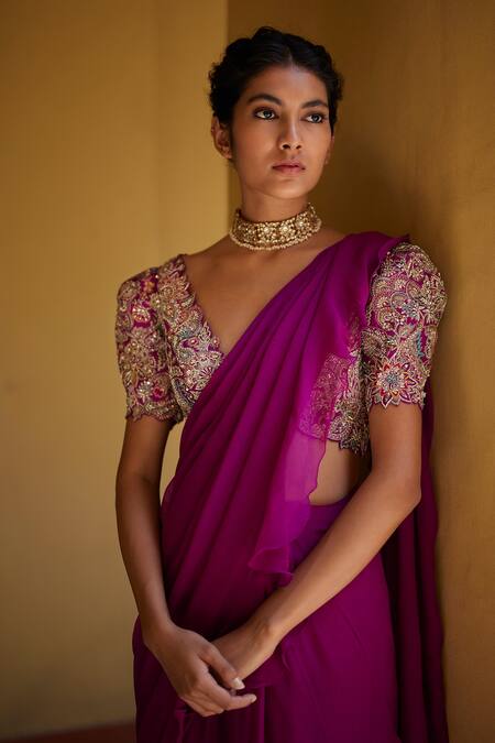 Mrunalini Rao Magenta Chiffon, Silk Zari, Embroidery V-neck Ruffle Saree With Floral Blouse at Aza Fashions Mrunalini Rao_Magenta Chiffon, Silk Zari, Embroidery V-neck Ruffle Saree With Floral Blouse _at_Aza_Fashions