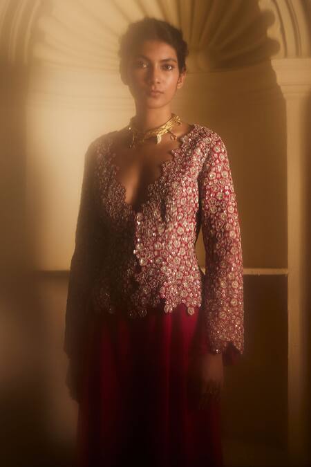 Buy Mrunalini Rao Red Silk Zari, Embroidery Plunge Neck Cherry Blossom Jacket And Flared Pant Set Online at Aza Fashions Buy_Mrunalini Rao_Red Silk Zari, Embroidery Plunge Neck Cherry Blossom Jacket And Flared Pant Set _Online_at_Aza_Fashions