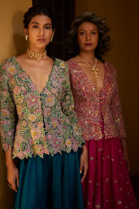 Mrunalini Rao_Pink Silk Embroidery, Zari V-neck Zardozi Jacket Lehenga Set _at_Aza_Fashions