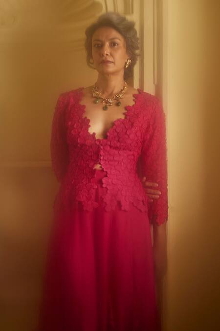 Shop_Mrunalini Rao_Pink Silk Embroidery Plunge Neck Cherry Blossom Jacket And Ruffle Skirt Set _Online_at_Aza_Fashions