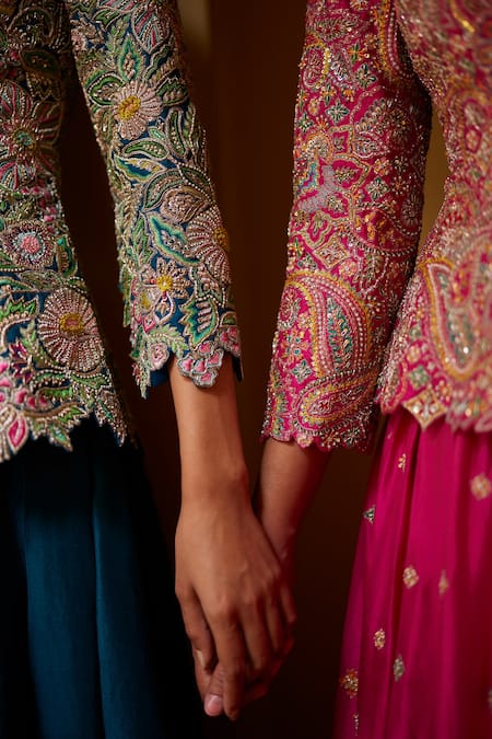 Mrunalini Rao Blue Silk Embroidery, Zari V-neck Peplum Jacket Flared Pant Set at Aza Fashions Mrunalini Rao_Blue Silk Embroidery, Zari V-neck Peplum Jacket Flared Pant Set _at_Aza_Fashions