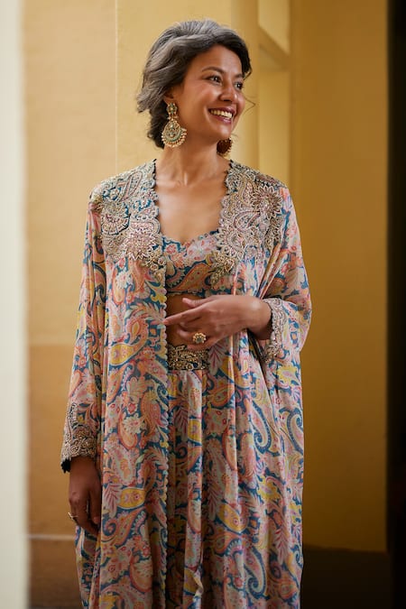 Buy_Mrunalini Rao_Blue Georgette Embroidery, Ruffles Sweetheart Floral Print Cape And Skirt Set _Online_at_Aza_Fashions