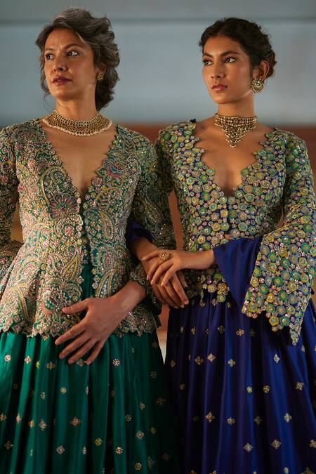 Buy_Mrunalini Rao_Blue Silk Embroidery Plunge Neck Cherry Blossom Jacket Lehenga Set _Online_at_Aza_Fashions