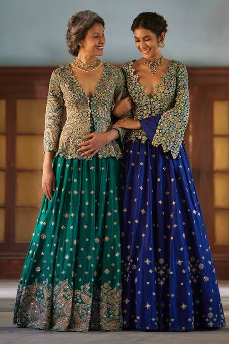 Shop_Mrunalini Rao_Blue Silk Embroidery Plunge Neck Cherry Blossom Jacket Lehenga Set _Online_at_Aza_Fashions
