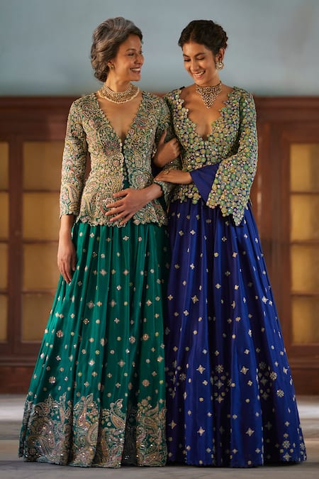 Shop Mrunalini Rao Green Silk Zari, Embroidery Plunge Neck Paisley Jacket Lehenga Set Online at Aza Fashions Shop_Mrunalini Rao_Green Silk Zari, Embroidery Plunge Neck Paisley Jacket Lehenga Set _Online_at_Aza_Fashions