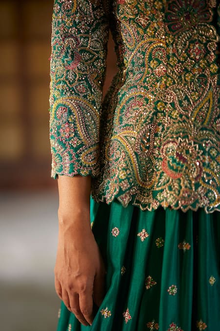Mrunalini Rao Green Silk Zari, Embroidery Plunge Neck Paisley Jacket Lehenga Set at Aza Fashions Mrunalini Rao_Green Silk Zari, Embroidery Plunge Neck Paisley Jacket Lehenga Set _at_Aza_Fashions