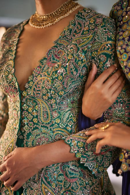Buy Mrunalini Rao Green Silk Zari, Embroidery Plunge Neck Paisley Jacket Lehenga Set Buy_Mrunalini Rao_Green Silk Zari, Embroidery Plunge Neck Paisley Jacket Lehenga Set