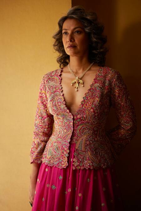 Buy_Mrunalini Rao_Pink Silk Embroidery, Zari V-neck Zardozi Jacket Lehenga Set 