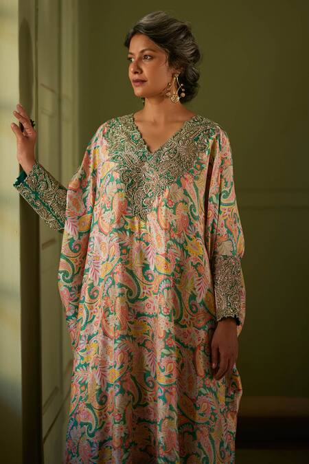 Buy_Mrunalini Rao_Green Silk Applique, Embroidery V-neck Vintage Print Kaftan And Pant Set _Online_at_Aza_Fashions
