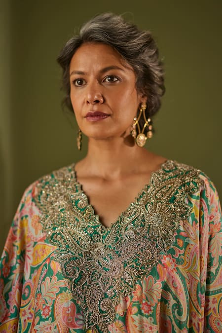 Buy_Mrunalini Rao_Green Silk Applique, Embroidery V-neck Vintage Print Kaftan And Pant Set 