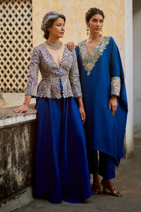 Shop Mrunalini Rao Blue Silk Embroidery V-, Plunge Peplum Jacket Pant Set Online at Aza Fashions Shop_Mrunalini Rao_Blue Silk Embroidery V-, Plunge Peplum Jacket Pant Set _Online_at_Aza_Fashions