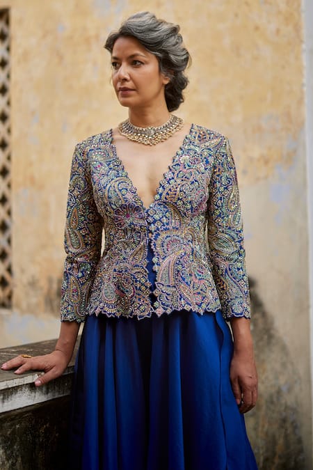 Mrunalini Rao Blue Silk Embroidery V-, Plunge Peplum Jacket Pant Set at Aza Fashions Mrunalini Rao_Blue Silk Embroidery V-, Plunge Peplum Jacket Pant Set _at_Aza_Fashions