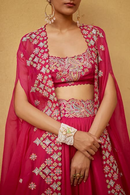 Buy Mrunalini Rao Pink Silk Embroidery, Sequins Round Neck Resham Cape Lehenga Set Online at Aza Fashions Buy_Mrunalini Rao_Pink Silk Embroidery, Sequins Round Neck Resham Cape Lehenga Set _Online_at_Aza_Fashions