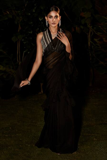 Shop_Matsya_Black Georgette, Organza Embroidery V-neck The Humble Athena Saree With Blouse _Online_at_Aza_Fashions