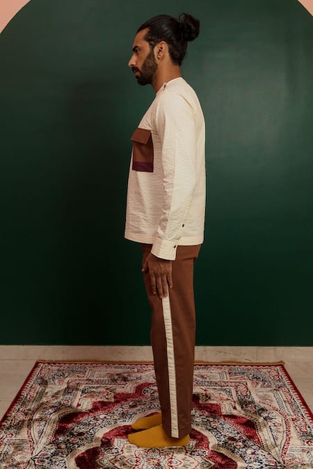 Artless_Beige Cotton Mud And Moon Stripe Pattern Shirt _Online_at_Aza_Fashions