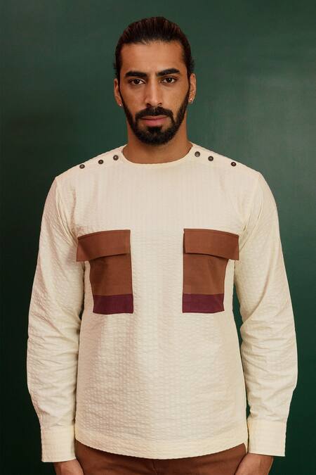 Buy_Artless_Beige Cotton Mud And Moon Stripe Pattern Shirt _Online_at_Aza_Fashions