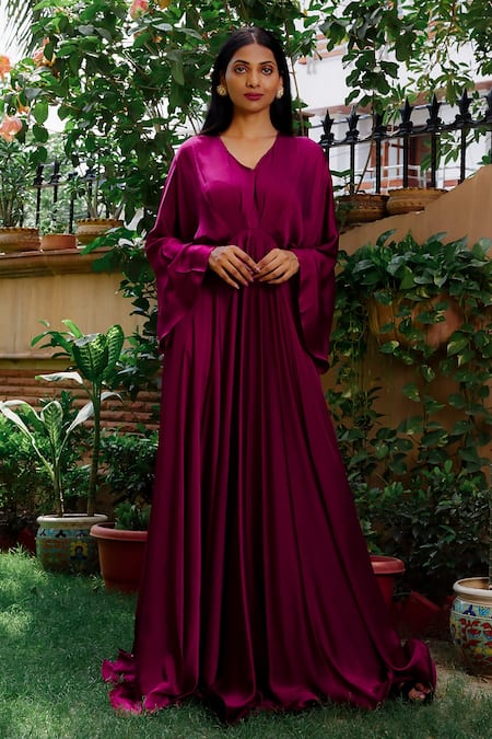 Buy_Omana By Ranjana Bothra_Purple Satin Sequins V-neck Mulburry Flared Gown _Online_at_Aza_Fashions
