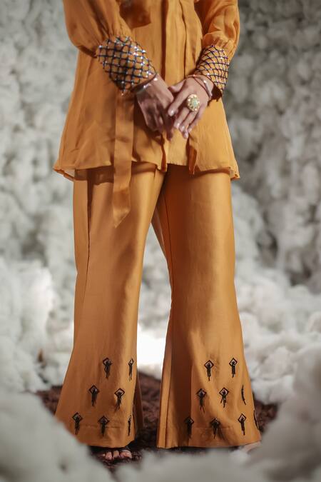 Buy Green Organza, Chanderi Sequin V Neck Puff Sleeve Jacket And