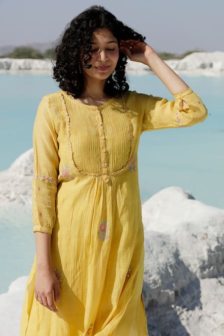 Shop Tatwa Yellow Handloom Cotton, Viscose, Silk Chanderi Pintuck Kurta And Pant Set Online at Aza Fashions Shop_Tatwa_Yellow Handloom Cotton, Viscose, Silk Chanderi Pintuck Kurta And Pant Set_Online_at_Aza_Fashions