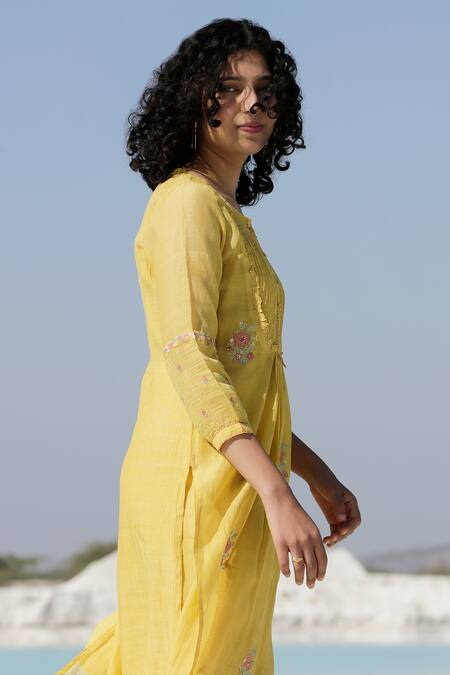 Tatwa Yellow Handloom Cotton, Viscose, Silk Chanderi Pintuck Kurta And Pant Set at Aza Fashions Tatwa_Yellow Handloom Cotton, Viscose, Silk Chanderi Pintuck Kurta And Pant Set_at_Aza_Fashions