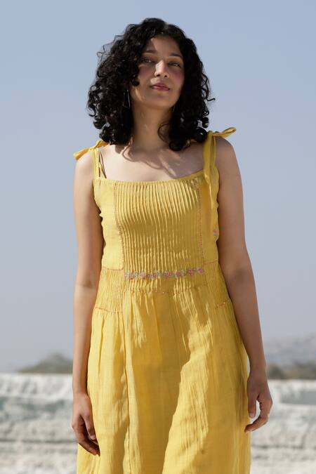 Shop Tatwa Yellow Handloom Cotton, Viscose Embroidery Scoop Neck Chanderi Pintuck Dress Online at Aza Fashions Shop_Tatwa_Yellow Handloom Cotton, Viscose Embroidery Scoop Neck Chanderi Pintuck Dress _Online_at_Aza_Fashions