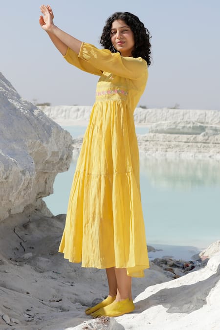 Tatwa Yellow Handloom Cotton, Viscose Embroidery Round Neck Chanderi Resham Dress Online at Aza Fashions Tatwa_Yellow Handloom Cotton, Viscose Embroidery Round Neck Chanderi Resham Dress _Online_at_Aza_Fashions