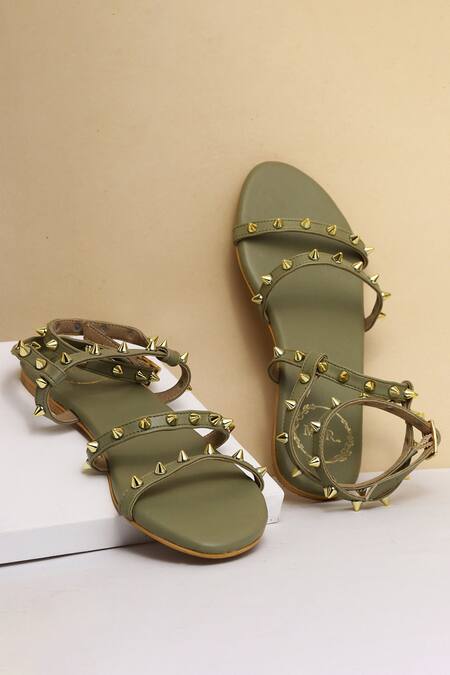 Myra_Green Strappy Studded Sandals_Online_at_Aza_Fashions