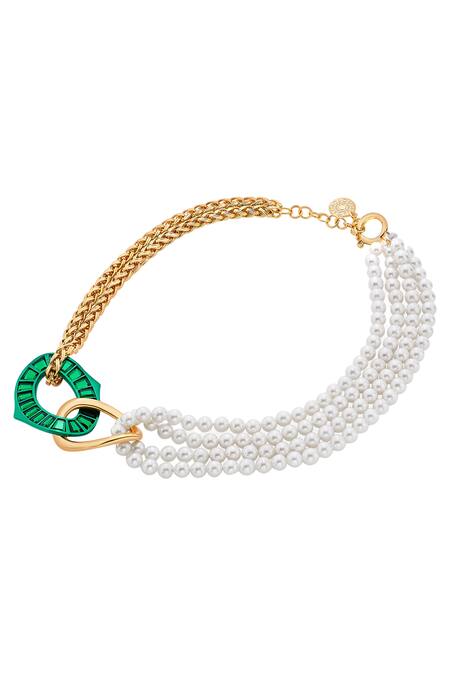 Isharya_White Green Mirror Inter-link Asymmetric Pearl Necklace_Online_at_Aza_Fashions