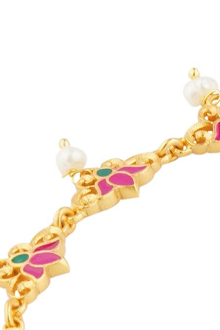 Zariin_Green Pearls Lotus Motif Anklet - Set Of 2 _Online_at_Aza_Fashions