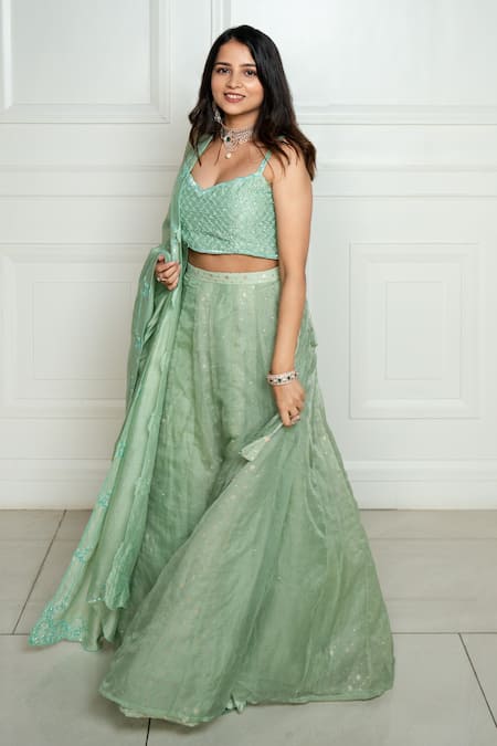 Ewaz_Green Organza, Chanderi Mukaish, Sequin, Bead, Hand Embroidered Lehenga Set _Online_at_Aza_Fashions
