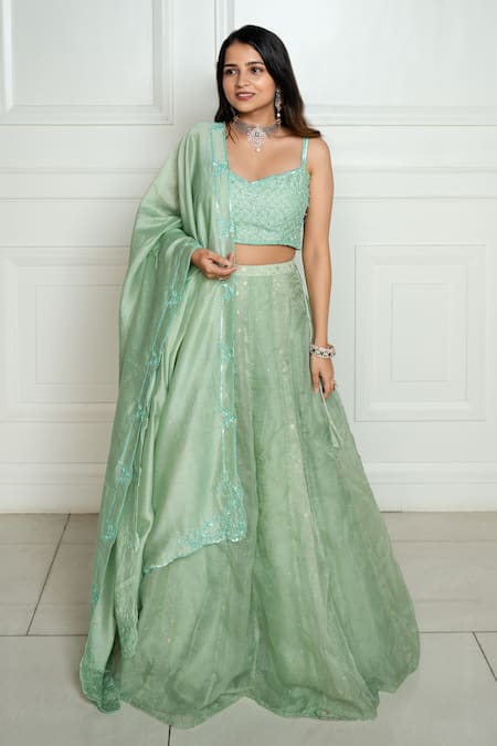 Buy_Ewaz_Green Organza, Chanderi Mukaish, Sequin, Bead, Hand Embroidered Lehenga Set _Online_at_Aza_Fashions