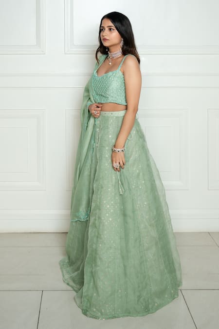 Shop_Ewaz_Green Organza, Chanderi Mukaish, Sequin, Bead, Hand Embroidered Lehenga Set _Online_at_Aza_Fashions