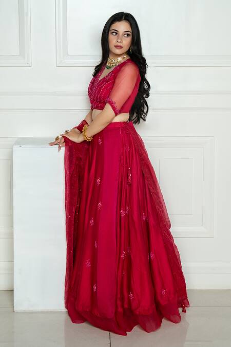 Buy_Ewaz_Pink Organza, Satin Georgette Mukaish, Sequin, Bead, Embroidered Lehenga Set _Online_at_Aza_Fashions