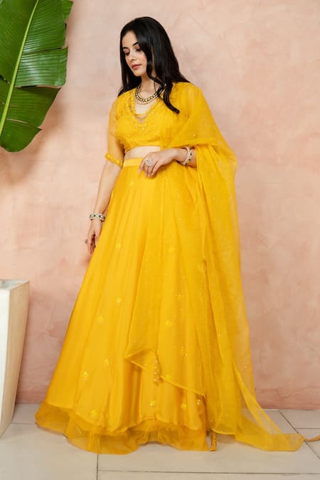 Ewaz_Yellow Organza, Satin Georgette Mukaish, Sequin, Bead, Embroidered Lehenga Set _Online_at_Aza_Fashions