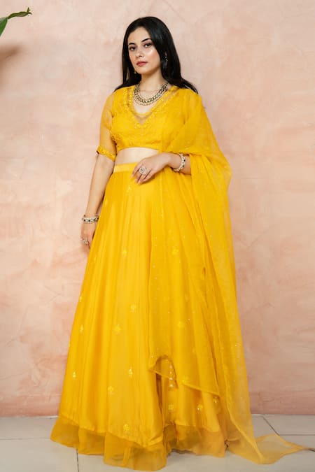 Ewaz Yellow Satin Georgette Embroidered Sequin V Neck Lehenga Set 