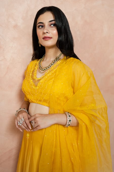 Buy_Ewaz_Yellow Organza, Satin Georgette Mukaish, Sequin, Bead, Embroidered Lehenga Set _Online_at_Aza_Fashions
