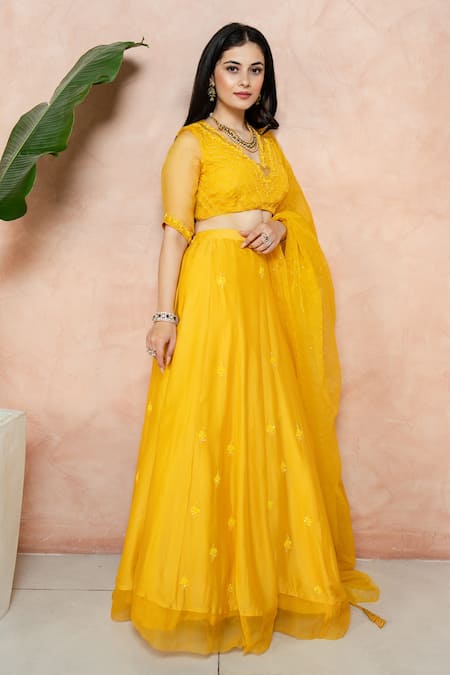 Shop_Ewaz_Yellow Organza, Satin Georgette Mukaish, Sequin, Bead, Embroidered Lehenga Set _Online_at_Aza_Fashions
