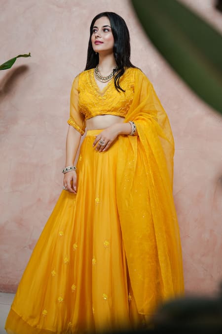 Ewaz_Yellow Organza, Satin Georgette Mukaish, Sequin, Bead, Embroidered Lehenga Set _at_Aza_Fashions