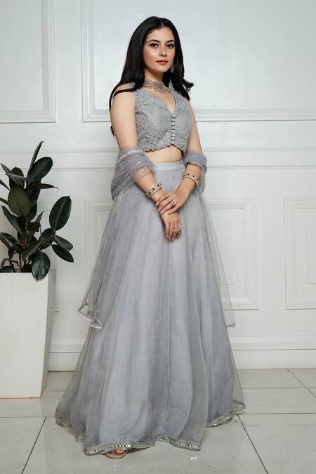 Ewaz_Grey Organza, Net Sequin, Bead, Cutdhana V Neck Embroidered Lehenga Set _Online_at_Aza_Fashions