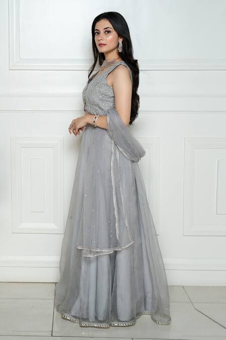 Shop_Ewaz_Grey Organza, Net Sequin, Bead, Cutdhana V Neck Embroidered Lehenga Set _Online_at_Aza_Fashions
